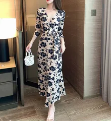 ロングワンピース ワンピース レディース マキシ丈 ロング丈 ラップワンピース カシュクール 大人 シンプル キレイめ 花プリント 七分袖 通勤 お呼ばれワンピ 二次会 1339