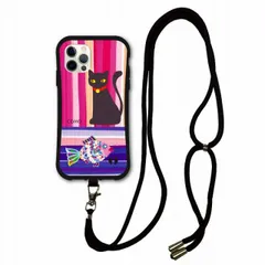 [iPhone12 Pro Max] iPhoneSE 第3世代 / 第2世代 スマホショルダー付 i-coronケース iPhone15 iPhone14 iPhone13 12 11 スマホケース カバー 肩掛け 斜め掛け アニマル柄 黒ネコと魚 ストライ
