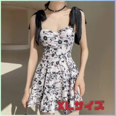 水着 ワンピース XL 花柄 ホワイト プリント フレア リボン 肩ひも プール リゾート 海
