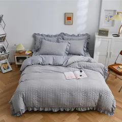 【数量限定】ピーチスキン加工 寝具カバーセット 洋式和式兼用 ボックスシーツ 枕カバー ベッドカバー 洗い替え 掛け布団カバー フリル付き シアサッカー生地 速乾タイプ(ロマンティック・グレーセミダブル・4点セット) セミダブル・4点セット AYO 布団カバー