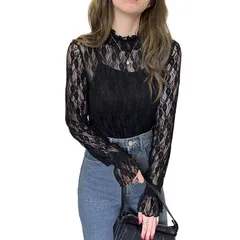 レース ハイネック シースルー 透け 重ね着 重ね着 チュールインナー薄手 ブラウス レイヤード 長袖インナー チュール コーデ セクシー トップス 春秋夏冬 チュールレース [fourfivesixはる]