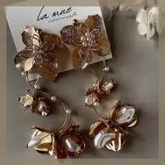 ウェディングオススメ♡ ハンドメイドピアス イヤリング ブライダル ウェディング 大ぶり 華やか メタルフラワー ニュアンス パール ゴールド アレルギー対応 ステンレス 24金 ロング キラキラ お花 花びら