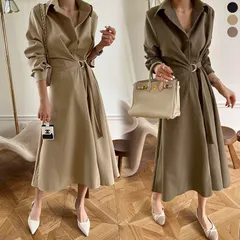 シャツワンピース レディース 春 秋 ウエストベルト ロング フレア ウエストマーク 長袖 お洒落 バックル ベルト ラップ シャツ ワンピース お呼ばれワンピ 清楚 上品954