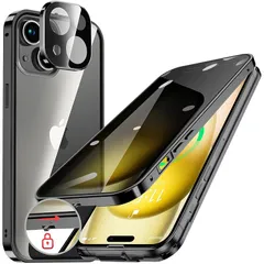 HGUTREY【覗き見防止・自動ポップアップボタン】 iPhone15 Plus 用 ケース 【ロック付き】【ストラップホール付き】一体型レンズ保護 両面9H強化ガラス iPhone15プラスケース 耐衝撃 アルミ バンパー メタルフレーム スマホケース  1