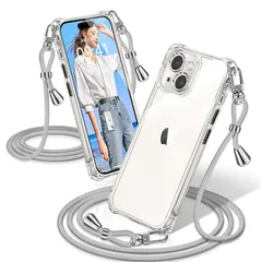 iPhone 13 mini ケース クリア ショルダー 耐衝撃 iPhone13mini スマホケース 透明 織りストラップ付き 肩がけ 首掛け 紐付き アイフォン13mini カバー 縄掛け シングルショルダーロープ 斜めがけ 調節可能なショルダー ク 1