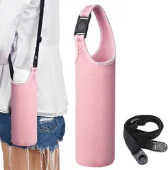fogman 水筒カバー おしゃれ ペットボトルカバー 魔法瓶 持ち運び 携帯 ストラップ付(ピンク,  中)
