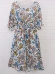 ◇ ◎ ●未使用● ems excite タグ付き 花柄 七分袖 膝丈 ワンピース サイズF ホワイト ブルー系 マルチ レディース P  【中古】 【1209150006088】