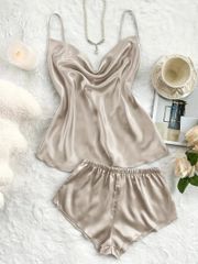 レディース セクシー 無地 サテン パジャマ セット　タートルネック バックレス キャミソール トップ & ショーツ　快適なリラックスフィット　夏用ナイトウェア　Lサイズ