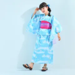 キッズ 子供 2way 浴衣 ワンピース 帯付き 青 水色 100〜150cm 10w-7