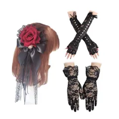 【特価商品】レース 手袋 黒 ロンググローブ 黒手袋 ゴスロリ ヘッドドレス 赤 髪飾り [Archnote] コスプレ ハロウィン 3点セット