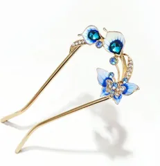 S.T.S.G 簪 かんざし バチ型 髪飾り 2本足 二本挿し 和装 振袖 浴衣アンティーク ペア 蝶 フラワー 花 ヘア アクセサリー アレンジ(青色)