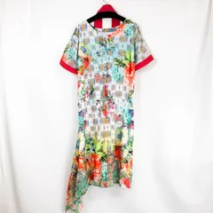 【未使用品】EVENTAIL 日本製 ボタニカル柄 フラワープリントアシンメトリーワンピース 半袖マキシワンピース M 9号 レッド 赤 マルチカラー コットン 綿 リネン 麻 レディース 春夏 スプリングサマー