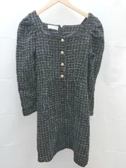 ◇ 美品 abc une face ツイード生地 二次会ワンピ 式 フォーマル 長袖 膝丈 ワンピース サイズF ブラック レディース E  【1303020018796】