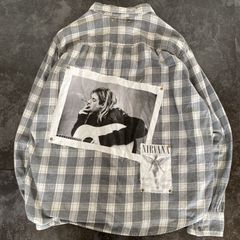 【Remake】NIRVANA ニルヴァーナ Kurt Cobain カートコバーン チェック柄 再構築 ドッキング ボロ加工 オーバーサイズ リメイクシャツ ネルシャツ 長袖シャツ グレー系 バンT グランジロック パンク アナーキー No.3