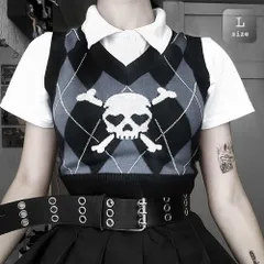 【在庫限り】ニット ベスト ドクロ アーガイルチェック柄 L トップス 韓国ファッション