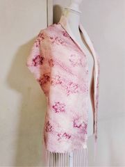 着物リメイク　ショール　ピンク　花柄　かわいい　裏付フリンジ付　シルク