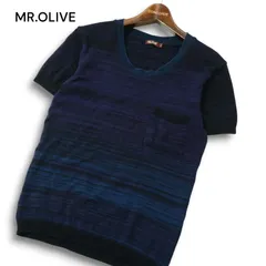 MR.OLIVE ミスターオリーブ 春夏 グラデーション ボーダー★ 半袖 コットン ニット Tシャツ Sz.S メンズ 紺 ネイビー 日本製のサムネイル