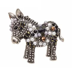 ロバのブローチ　シルバー パール レディース　レトロ ラインストーン ドンキー