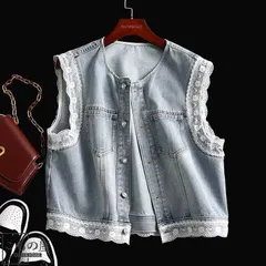 レディース デニムベスト 春 秋 ヴィンテージ レース 刺繍 アウター ノースリーブ 重ね着 おしゃれ 韓国風 大きいサイズ アンティーク カジ