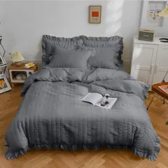 Color:ダークグレー_Size:セミダブル・4点セット 布団カバー AYO セミダブル・4点セット シアサッカー生地 フリル付き 掛け布団カバー ベッドカバー 枕カバー ボックスシーツ 寝具カバーセット ピーチスキン加工 洋式和式兼用 洗い替え 速乾タイプ