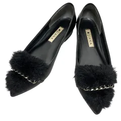 【美品】ダイアナ (22) パンプス フラットシューズ ローファー チェーン ファー 本革 レザー 希少デザイン