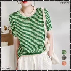 ボーダー柄サマーニットトップス 半袖春夏レディース ニットソー 配色 クルーネック 薄手ニットTシャツ 着やせトップス 大人カジュアル 韓国プルオーバーおしゃれ5分袖ニットレトロ 夏ニット通勤 女子 きれいめニット人気
