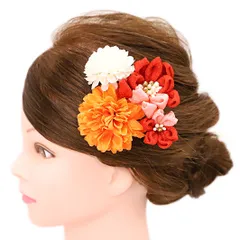 髪飾り 成人式 振袖 浴衣 卒業式 袴 結婚式 4点セット 橙 ピンク 赤 白 花 和 洋 かんざし 手作り 簪 つまみ細工 ちりめんフォーマル 花飾り 玉飾り ブライダル W 38 303-295 橙 ピンク 赤 白 p736　Si