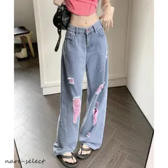 ピンク ダメージデニムパンツ レディース
