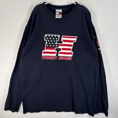 古着 90's/90年代 トミージーンズ  長袖Tシャツ ラバープリント ロゴ 袖プリント フラッグタグ L  ネイビー メンズ