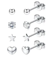 【数量限定】JeryWe 925スターリングスライバースタイニー/スモールスタッドピアスセット女性の女の子のためのキュービックジルコニアピアス軟骨らせん耳ピアススターボールハートピアス