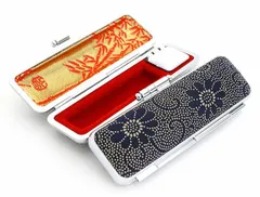 印鑑ケース 朱肉付き 12mm 10.5ミリ～12ミリ用 紺印伝ケース 鹿革 花 菊柄 おしゃれ 印伝 伝統 漆 ハンコ 入れ ケース