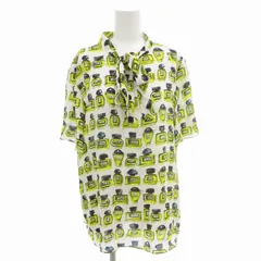 モスキーノ MOSCHINO ブティック ボウタイシャツ 総柄 シルク混 リボン 半袖 44 XL 白 ホワイト 黃 イエロー /FF ■ECのサムネイル