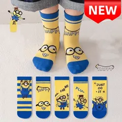 ✨新品✨ ミニオンズ キャラクター靴下 5足セット 可愛い レディース メンズ キッズ ソックス 黄色×青 HAPPY デザイン 防寒 おしゃれ 通学 通園 プレゼント 12-22cm