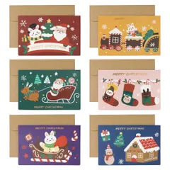 【数量限定】メッセージカード 12枚セット グリーティングカード 6デザイン クリスマス お祝いカード プレゼントカード クリスマスカード 感謝状 お礼 封筒付き (C)