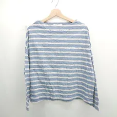 ◇ ⊂ nano universe ナノ ユニバース ボーダー柄 綿100% 長袖 Tシャツ サイズF サックスブルー ホワイト レディース E  【1506130015130】