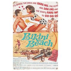 【697】新品 レトロ ブリキ看板 ★ Bikini Beach ★ ビキニビーチ 青春映画 アメリカン雑貨 ガレージ フェンス ヴィンテージ