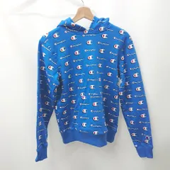 ◇ ⊇ Champion チャンピオン カジュアル　ロゴ全面 長袖 パーカー サイズL ブルー系 メンズレディース E  【1505290039727】