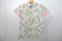 中古 レディース アンパスィ and per se 半袖ポロシャツ M ベージュ×緑×ピンク×白 リーフ柄 ストライプ