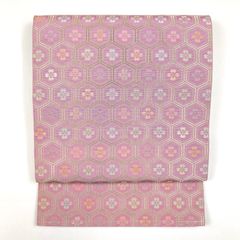 リユース帯 名古屋帯 ピンク 紫 カジュアル 織り 花亀甲 献上柄調 未洗い MS1467