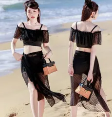 【韓国水着】レース生地　オフショル　パレオ付き　韓国　水着　ブラック　ブルー　ピンク　パッドあり　太もも体系カバー　セットアップ