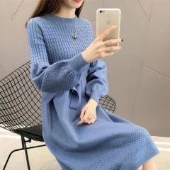 ☆ ブルー ☆ ニットワンピース 長袖 Aライン ニットワンピース 秋冬 ワンピース レディース 長袖 ニット ニットワンピ きれいめ 上品 無地 シンプル 膝下丈 膝丈 ひざ下 ひざ丈 ゆったり おしゃれ オシャレ かわいい 可愛い カジュアル