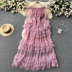 パーティードレス 結婚式 服装 ドレス フォーマル ワンピース 韓国 ロング丈 長袖 シフォン フリル 体型カバー オフショルダー ハイウエスト 二次会 Aライン パープル ブラック 0820