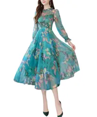 [Ava Knights] 花柄 シフォン レース 長袖 ワンピース マキシ丈 Aライン レディース チェスター ジャケット デニム テーラード やわらか カーディガン コーディガン ビジュー 可愛い セーター 背中あき バックレス 背中 [グリーン] [M]