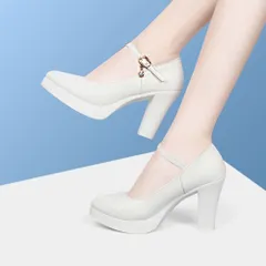 ☆ ホワイト×9cmヒール ☆ 37(23.5cm) ☆ ハイヒール パンプス 太ヒール ハイヒール パンプス プラットフォームパンプス 太ヒール おしゃれ ストラップ ヒール フォーマル 上品 結婚式 卒業式 セレモニー 厚底 チャンキーヒール 入学式