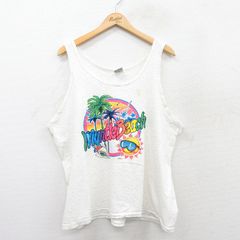 XL/古着 ビンテージ タンクトップ メンズ 90s マートルビーチ 太陽 ヤシの木 大きいサイズ コットン クルーネック 白 ホワイト 霜降り 25ju