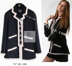 シャネル ジャケット コート CHANEL 91万 ブラック ブレード トリム ウール カール・ラガーフェルド 超美品 34