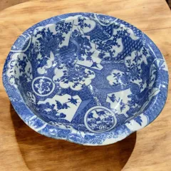 印判 染付 中鉢 盛り鉢 厚手 呉須 藍 明治時代 アンティーク 骨董 (丸紋・季節の花々・吉祥文様)