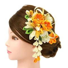 髪飾り 成人式 つまみ細工 振袖 前撮り 袴 花 2点セット からし色 黄 橙色 緑 渋緑 白 ちりめん 藤下がり 下がり 組紐 かんざ No.9-5007