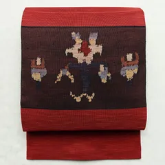 中古 名古屋帯 太鼓柄 正絹 幾何学柄・抽象柄 松葉仕立て 赤・朱