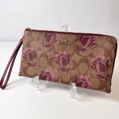 ✨Bランク　  COACH ダブル ジップ　ウォレット　財布　ポーチ　シグネチャー　PVC　レザー　ブラウン　花柄　「33EL」
